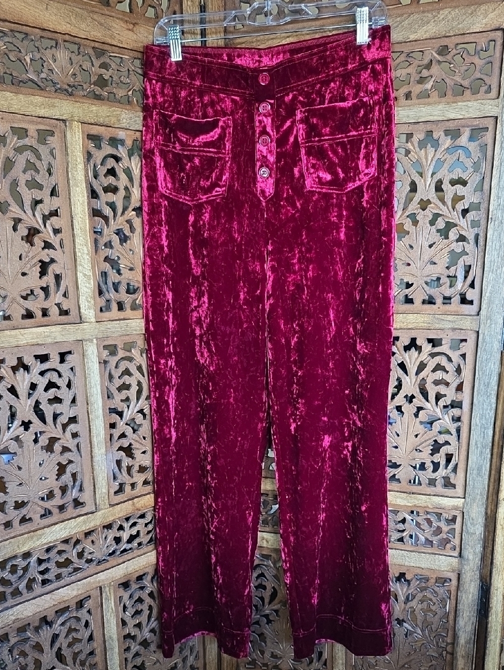 HALARA Crushed Velvet Wide-Leg Pants in Burgundy